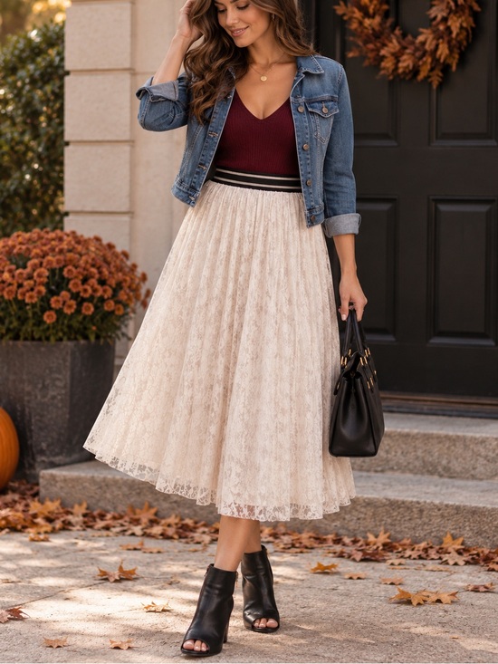 New York & Company Dresses & Skirts - NWT New York & Co XXL 2X Lace Midi Skirt Cream Beige Elastic Cottage Coquette